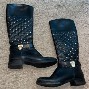 Michael Kors black leather quilted gold studded knee high riding boots